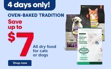 Promotional Oven‑Baked Tradition banner offering up to $7 off dry food for dogs and cats, pet food available at Mondou, 4‑day promotion only.
