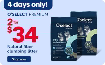 Promotional O’select Premium banner offering 2 bags of Ultra Performance clumping litter (12 kg) for $34, 4‑day promotion only at Mondou.