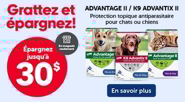 Économisez jusqu’à 30 % sur les produits antiparasitaires Advantage II et K9 Advantix II pour chiens et chats, protection topique contre les puces et tiques, en magasin seulement.