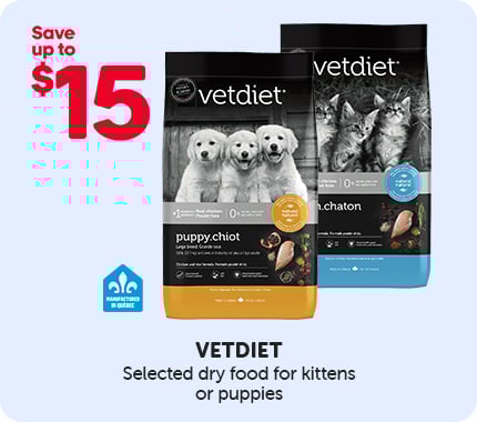 Vetdiet dry food for cats or puppies, with a promotion of up to $15 in savings.