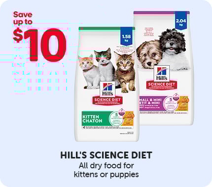 Hill’s Science Diet dry food for cats or puppies, with a promotion of up to $10 off.