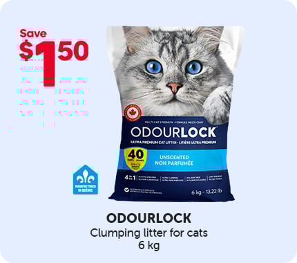Odourlock clumping cat litter, 6 kg bag, with $1.50 off.