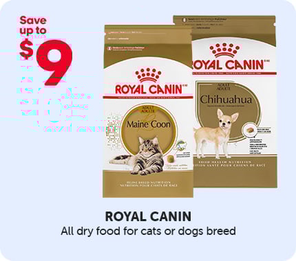 Royal Canin dry food for cats or purebred dogs, with a promotion of up to $9 off.