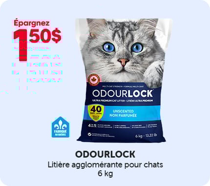 Litière agglomérante Odourlock pour chats, sac de 6 kg, avec 1,50 $ de rabais.
