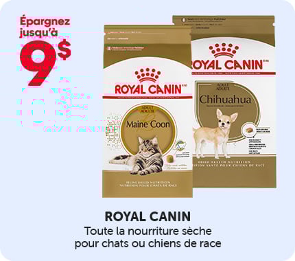 Nourriture sèche Royal Canin pour chats ou chiens de race, avec promotion jusqu’à 9 $ de rabais.