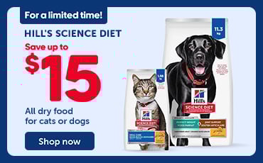 For a limited time, save up to $15 on all Hill’s Science Diet dry food for cats and dogs.