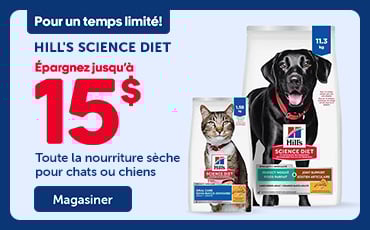 Pour un temps limité, épargnez jusqu'à 15$ sur toute la nourriture sèche Hill's Science Diet pour chats et chiens.