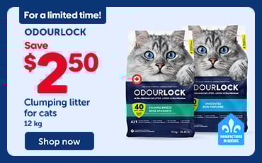 4-day promotion on OdourLock clumping cat litter (12 kg) with $2.50 off. Tag reads “Manufactured in Quebec”.