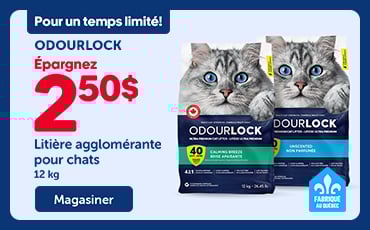 Promotion de 4 jours sur la litière agglomérante OdourLock pour chats (format 12 kg) avec un rabais de 2,50 $. Mention « Fabriqué au Québec ».
