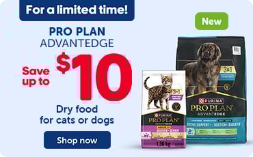 Image of a dog on a Purina Pro Plan AdvantEdge promotional banner stating “For a limited time, save up to $10 on dry food for cats and dogs,” with images of the food bags and a “Shop now” button.