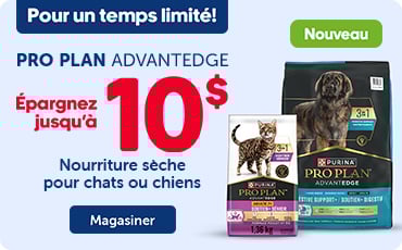 Image d'un chien sur une bannière promotionnelle Purina Pro Plan AdvantEdge indiquant « Pour un temps limité, épargnez jusqu’à 10 $ sur la nourriture sèche pour chats et chiens », avec images des sacs de nourriture et bouton « Magasiner ».