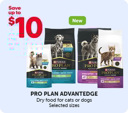 Pro Plan AdvantEdge promotion offering up to $10 off dry food for cats and dogs, featuring food bags with a “New” label.
