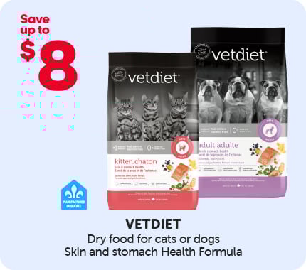 Vetdiet promotion offering up to $8 off dry food for cats and dogs, featuring displayed food bags.
