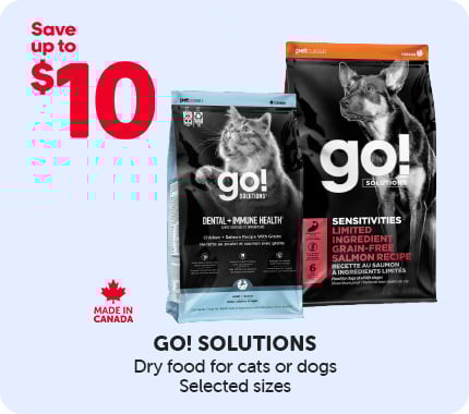 Go! Solutions promotion offering up to $10 off dry food for cats and dogs, with featured bags.
