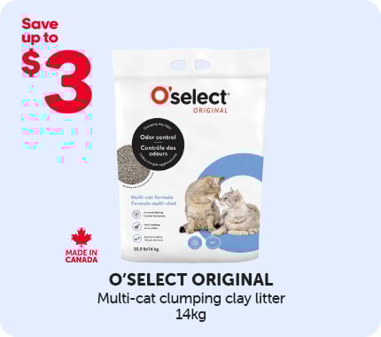 O’select Original promotion offering up to $3 off multi‑cat clumping clay litter, bag featured.