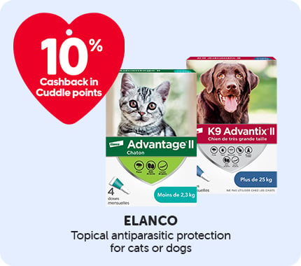 Elanco promotional banner showing “10% back in Cuddle points.” Topical parasite protection products Advantage II for cats and K9 Advantix II for dogs, featuring images of a cat and a dog, with weight-based formats.