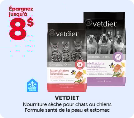 Promotion Vetdiet offrant jusqu’à 8 $ de rabais sur de la nourriture sèche pour chats et chiens, sacs présentés.