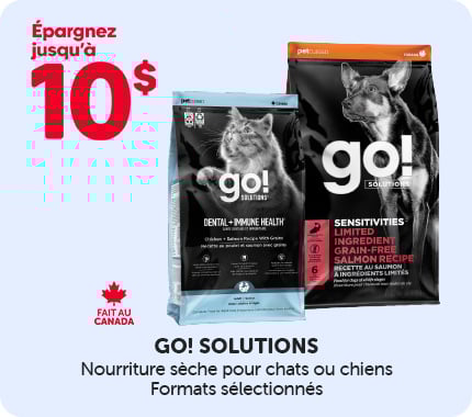 Promotion Go! Solutions offrant jusqu’à 10 $ de rabais sur de la nourriture sèche pour chats et chiens, sacs affichés.