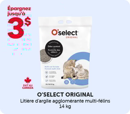 Promotion O'select Original offrant jusqu’à 3 $ de rabais sur de la litière d’argile agglomérante multi-félins, sac présenté.
