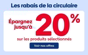Visuel promotionnel montrant un chien, avec le texte « Économisez jusqu’à 20 % sur une sélection de produits » et un bouton « Voir nos offres », accompagné du titre « Vos économies mensuelles ».