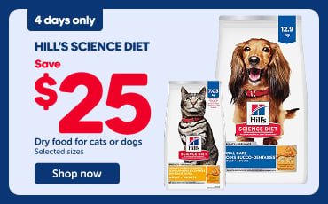 Promotional banner for Hill’s Science Diet featuring “4 days only” and “Save $25” on dry food for cats or dogs (selected sizes), with images of dog and cat food bags, a “Shop now” button, and a tabby cat sitting on an outdoor deck on the right.