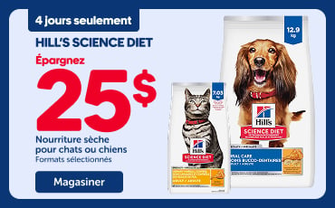 Bannière promotionnelle Hill’s Science Diet indiquant « 4 jours seulement » et « Épargnez 25 $ » sur la nourriture sèche pour chats ou chiens (formats sélectionnés), avec images de sacs de nourriture pour chien et chat, bouton « Magasiner », et un chat tigré assis à droite sur une terrasse extérieure.