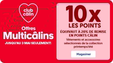 Bannière promotionnelle Club Câlin : « Offres Multicâlins jusqu’au 3 mai chez Mondou ». Obtenez 10x les points (équivaut à 20 % de remise en points) sur une sélection d’articles pour animaux, incluant vêtements et accessoires pour chien.