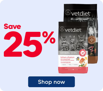 Save 25% on VETDIET dry food for cats or dogs. Sizes: cats 1.59 kg, dogs 2.72 kg. Manufactured in Quebec.