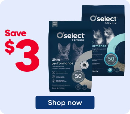 Save $3 on O’Select Premium Ultra Performance clumping clay litter, 12 kg. Made in Canada.