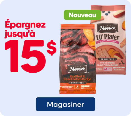 Économisez jusqu’à 15 $ sur la nourriture sèche Merrick pour chiens. Nouveau produit, exclusif chez Mondou.