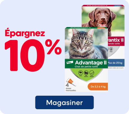 Économisez 10 % sur Advantage II et K9 Advantix II, traitements antiparasitaires topiques pour chats ou chiens.