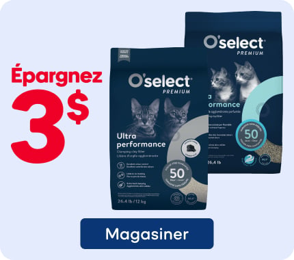 Économisez 3 $ sur la litière d’argile agglomérante O’Select Premium Ultra Performance, format 12 kg. Fabriquée au Canada.