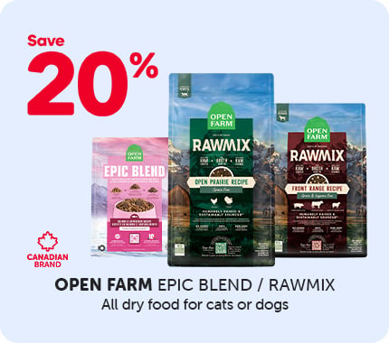 Promotional banner for OPEN FARM EPIC BLEND / RAWMIX, offering 20% off all dry food for cats or dogs.