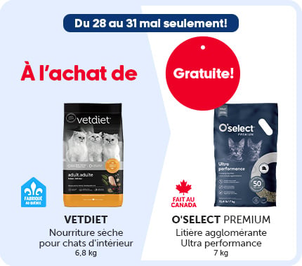 Promotion valide du 28 au 31 mai seulement. À l’achat de nourriture sèche Vetdiet pour chats d’intérieur adultes, sac de 6,8 kg, obtenez gratuitement une litière agglomérante O’Select Premium Ultra Performance pour chats, sac de 7 kg. Mention « Gratuit ».
