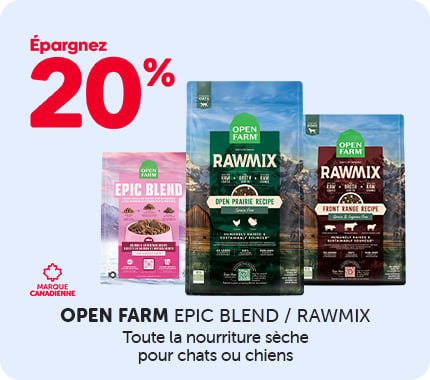 Bannière promotionnelle pour OPEN FARM EPIC BLEND / RAWMIX, offrant 20 % de rabais sur toute la nourriture sèche pour chats ou chiens.