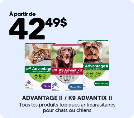 À partir de 42,49 $, produits antiparasitaires K9 Advantix II et Advantage II pour chats ou chiens. Tous les produits topiques antiparasitaires sélectionnés sont en promotion.