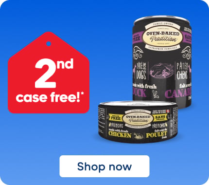 Enjoy the “2nd case free” promotion on OVEN-BAKED TRADITION wet food for cats or dogs (SKU: 1018560 to 1021799) by clicking the “Shop now” button.