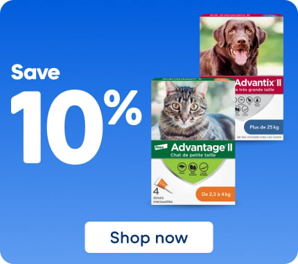 Save 10% on ADVANTAGE II and K9 ADVANTIX II products, offering topical antiparasitic protection for cats or dogs, by clicking the “Shop now” button.