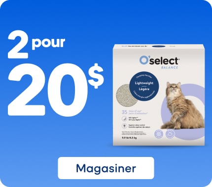 Profitez de l’offre 2 pour 20 $ sur la litière d’argile agglomérante légère O’SELECT ORIGINAL en cliquant sur le bouton « Magasiner ».