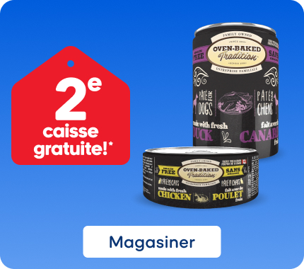 Profitez de la promotion « 2e caisse gratuite » sur la nourriture humide OVEN-BAKED TRADITION pour chats ou chiens en cliquant sur le bouton « Magasiner ».