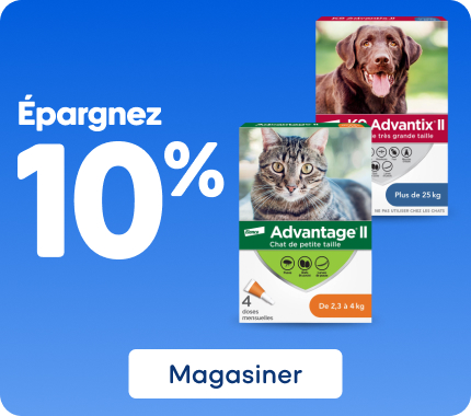 Épargnez 10 % sur les produits ADVANTAGE II et K9 ADVANTIX II, offrant une protection antiparasitaire pour chats ou chiens, en cliquant sur le bouton « Magasiner ».