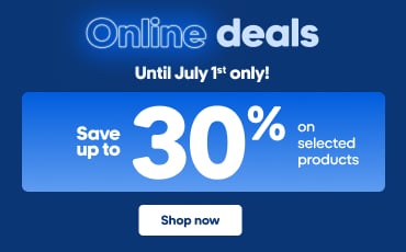 Online promotions banner for pet products. On the left, a blue background reads “Online promotions” and “Until July 1 only!” with a “Shop now” button. In the center are pet food packages including ACANA Red Meat, Hill’s Science Diet featuring a cat, and Purina Dentalife. On the right, a blue panel states “Save up to 30% on selected products.