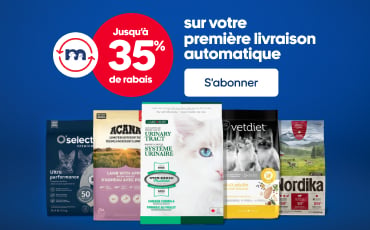 Bannière promotionnelle sur fond bleu annonçant « Pour un temps limité » et « Jusqu’à 35 % de rabais sur votre première livraison automatique ». À droite, plusieurs sacs de nourriture pour animaux (chiens et chats) de différentes marques sont présentés.
