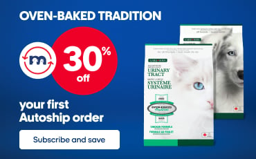 Oven-Baked Tradition promotional banner offering 30% off a first subscription order, featuring dog and cat food products.