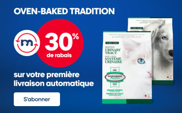 Promotion Oven-Baked Tradition : 30 % de rabais sur la première livraison automatique, avec sacs de nourriture pour chiens et chats en arrière-plan.