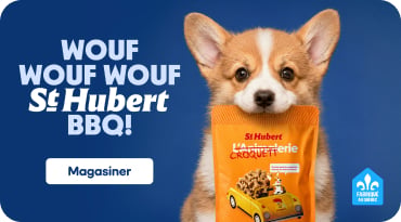 POUR UN TEMPS LIMITÉ EN MAGASINS ET CHEZ,” next to the St‑Hubert logo, which includes a stylized chicken head inside a yellow triangular shape. The overall design uses bold contrast between the deep blue background and the orange product packaging.