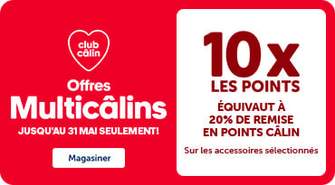 Logo Club Câlin. Bannière « Offres Multicâlins » valide jusqu’au 31 mai seulement, offrant 10x les points (équivalent à 20 % de remise en points Câlin), avec images de produits Bozzy sélectionnés et Brigade.