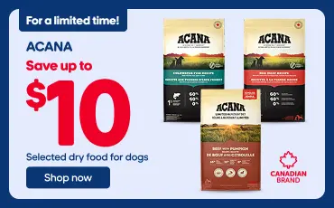 Limited-time ACANA promotion offering savings of up to $10 on selected dry dog food. The advertisement features four ACANA dog food bags in different recipes and sizes. A blue “Shop Now” button appears at the bottom left, and a “Canadian Brand” badge is displayed in the lower-right corner. The main headline reads: “Save up to $10 on select dry dog food.”