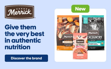 Merrick advertisement banner featuring a range of dog food bags labeled “New,” alongside a dog eating from a bowl in a kitchen. Text reads: “Give them the very best in authentic nutrition.” Button: “Discover the brand.”