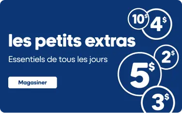 Bannière promotionnelle bleue foncée intitulée « les petits extras » avec le sous-titre « Essentiels de tous les jours ». Un bouton blanc « Magasiner » apparaît à gauche. À droite, plusieurs articles pour animaux sont présentés dans des cercles pâles : un frisbee rouge Mondou, un distributeur de sacs bleu et un jouet rouge en forme de patte. Des pastilles affichent des prix de 2 $, 3 $, 4 $ et 5 $. Design épuré aux couleurs bleu, blanc et rouge.
